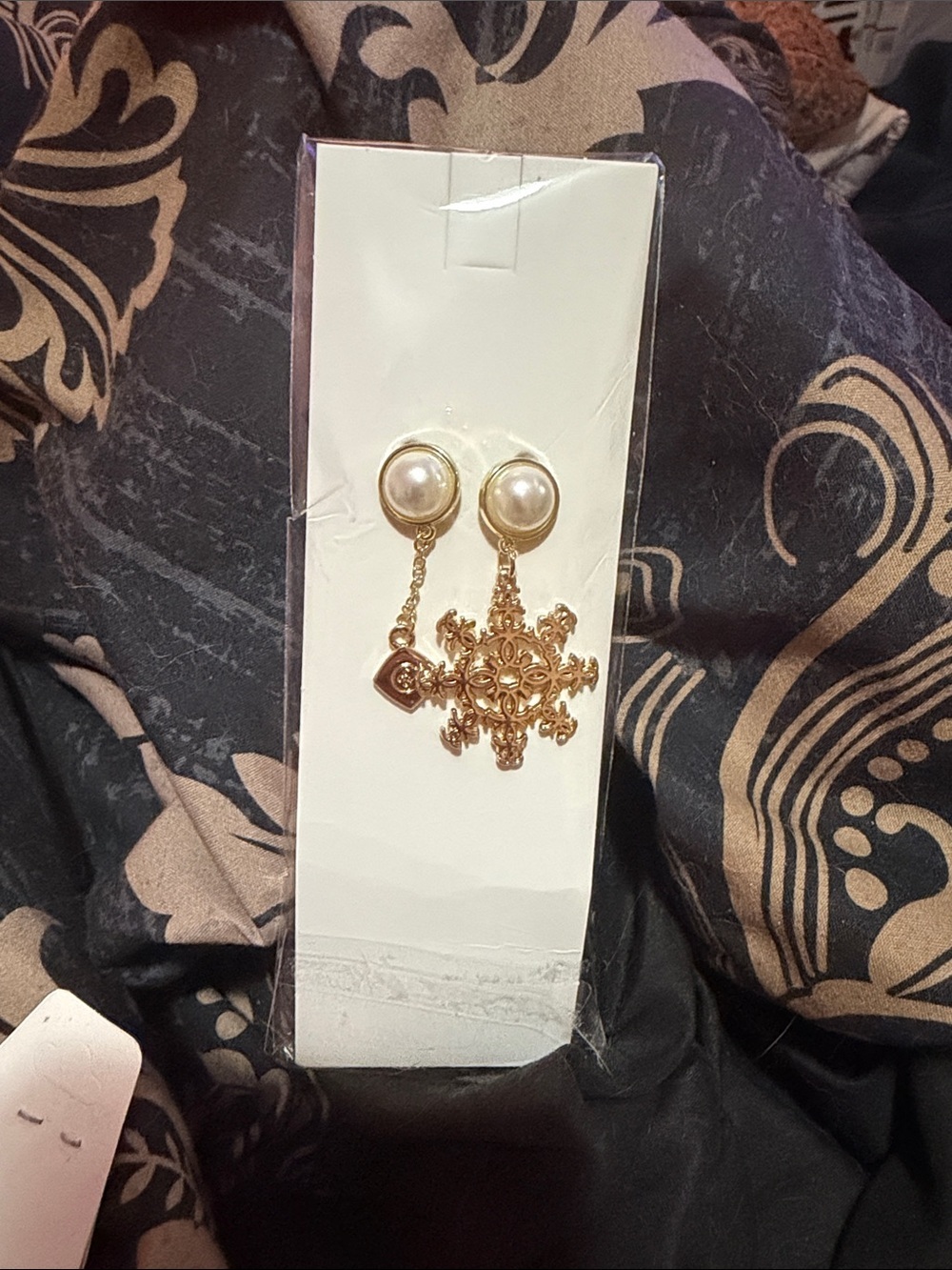 CHANEL Stamped Gold-Tone Pearl Drop Earrings with Ornate Medallion